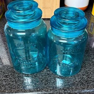 Set of Two Blue Glass Storage Jars